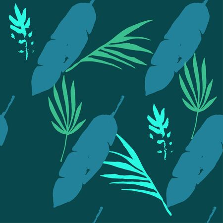 Modern Tropical Vector Seamless Pattern. Fine Summer Textile. Beautiful Male Shirt Female Dress Texture. Monstera Feather Banana Leaves Dandelion Tropical Seamless Pattern. Drawn Floral Background.のイラスト素材