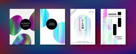 Holographic Gradient Vector Background. Hologram Business Soft Covers Set. Rainbow Magazine Print Template. Fluorescent Gradient Overlay Holograph Unfocused Cover.  Fluid Holo Bright Trendy Layout.のイラスト素材