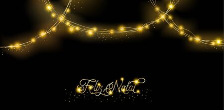 Lights Garland Luxury Background. Portugese Merry Christmas Lettering. Winter Holidays Sparkling Garland. Lights Garland, Glitter Pattern. Platinum New Year, Christmas Party Texture. Golden, Silverのイラスト素材
