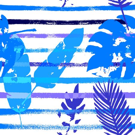 Sailor Stripes Vector Seamless Pattern, Blue Pink Purple Indigo Floral Textile. Watercolor Jungle Leaves Summer Fabric. Male Elegant Background. Tropic Exotic Seamless Textileのイラスト素材