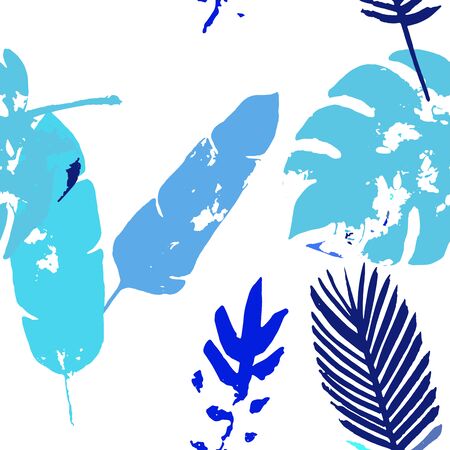 Palm, Banana Leaves Vector Seamless Pattern, Blue Pink Purple Indigo Floral Textile. Bohemian Jungle Leaves Autumn Fabric. Female Retro Background. Exotic Floral Seamless Textileのイラスト素材