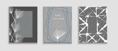 Abstract Hipster Vector Posters Set. Tie-Dye, Tropical Leaves Flyers. Simple Banana Leaves Magazine Template. Oriental Style Invitation. Hand Drawn Retro Background. Geometric Frame Texture.のイラスト素材