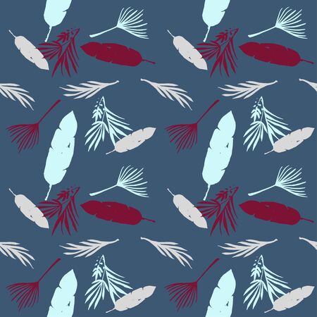 Funky Tropical Vector Seamless Pattern. Beautiful Male Shirt Female Dress Texture. Drawn Floral Background. Cool Summer Textile. Feather Banana Leaves Dandelion Monstera Tropical Seamless Pattern.のイラスト素材