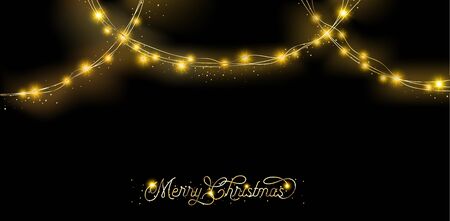 Lights Garland Premium Decoration. Beautiful Merry Christmas Lettering. Rich VIP New Year, Christmas Party Border. Lights Garland, Glitter Garland. Golden, Silver Winter Holidays Sparkling Garland.のイラスト素材