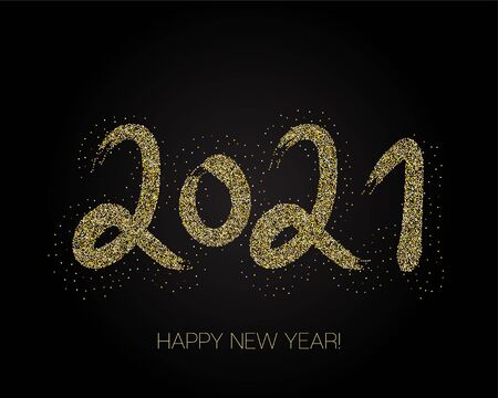 2021 Gold Brushstroke Banner. Painted 2021 Modern Minimal Logo. Happy New Year Elegant Business Background. Winter Holiday Greeting Card. Isolated Brush Shape 2021. Stylish Happy New Year Typography.のイラスト素材