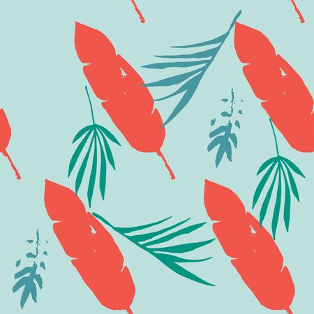 Hipster Tropical Vector Seamless Pattern. Elegant Male Shirt Female Dress Texture. Nice Summer Textile. Painted Floral Background. Feather Dandelion Monstera Banana Leaves Tropical Seamless Pattern.のイラスト素材