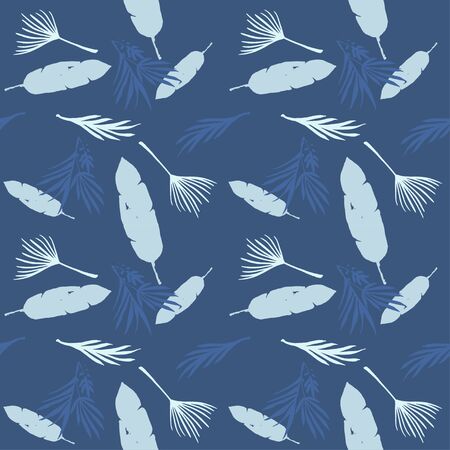 Funky Tropical Vector Seamless Pattern. Chic Summer Fabrics. Beautiful Male Shirt Female Dress Texture. Feather Banana Leaves Monstera Dandelion Tropical Seamless Pattern. Drawn Floral Background.のイラスト素材