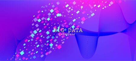 Falling Particles Distressed Purple Vector. Data Analytics Cool Banner. Punk Geometric Background. 3D Flow Shapes Poster. Pink Blue Purple Futuristic Gradient Overlay. Big Data Neon Wallpaper.のイラスト素材