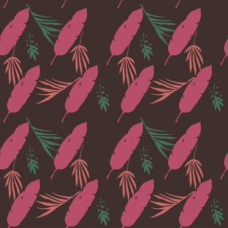Funky Tropical Vector Seamless Pattern. Drawn Floral Background. Monstera Dandelion Feather Banana Leaves Tropical Seamless Pattern. Beautiful Male Shirt Female Dress Texture. Cool Summer Fabrics.のイラスト素材