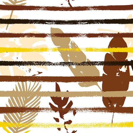 Sailor Stripes Vector Seamless Pattern, Brown Yellow Earth Tone Exotic Fabric. Botanical Jungle Leaves Winter Fabric. Childrens Uneven Background. Tropical Floral Seamless Fabricのイラスト素材