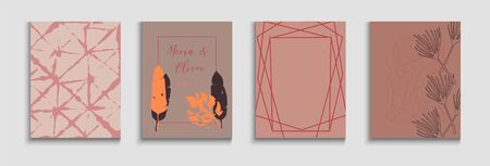 Abstract Retro Vector Cards Set. Tie-Dye, Tropical Leaves Banners. Simple Olive Leaves Magazine Template. Geometric Frame Texture. Oriental Style Invitation. Hand Drawn Elegant Background.のイラスト素材