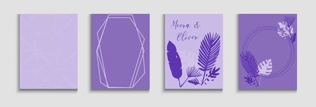 Abstract Retro Vector Flyers Set. Tie-Dye, Tropical Leaves Covers. Geometric Border Pattern. Cool Monstera Leaves Magazine Layout. Hand Drawn Vintage Background. Japanese Style Invitation.のイラスト素材