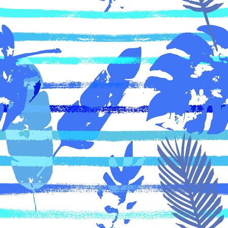 Sailor Stripes Vector Seamless Pattern, Blue Pink Purple Indigo Floral Textile. Brushed Jungle Leaves Autumn Fabric. Male Elegant Background. Tropical Floral Seamless Fabricのイラスト素材
