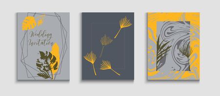 Abstract Asian Vector Posters Set. Soft Banana Leaves Magazine Layout. Japanese Style Invitation. Tie-Dye, Tropical Leaves Covers. Hand Drawn Hipster Background. Geometric Frame Pattern.のイラスト素材