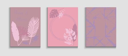 Abstract Hipster Vector Banners Set. Tie-Dye, Tropical Leaves Covers. Hand Drawn Elegant Background. Oriental Style Invitation. Geometric Frame Texture. Soft Olive Leaves Magazine Layout.のイラスト素材