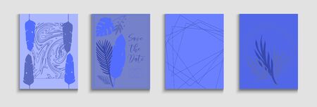 Abstract Elegant Vector Flyers Set. Hand Drawn Retro Background. Tie-Dye, Tropical Leaves Cards. Geometric Border Pattern. Minimal Monstera Leaves Magazine Design. Oriental Style Invitation.のイラスト素材