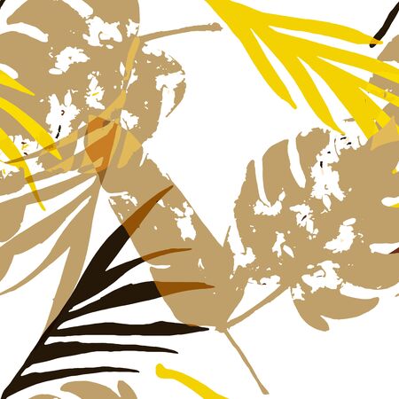 Palm, Banana Leaves Vector Seamless Pattern, Brown Yellow Earth Tone Exotic Fabric. Brushed Jungle Leaves Winter Fabric. Male Retro Background. Exotic Floral Seamless Printのイラスト素材