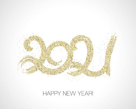2021 Gold Brush Stroke Banner. Painted 2021 Modern Minimal . Winter Holiday Greeting Card. Happy New Year Elegant Business Background. Stylish Happy New Year Typography. Isolated Brush Shape 2021.のイラスト素材