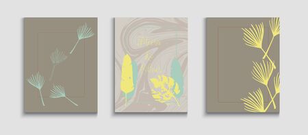 Abstract Elegant Vector Cards Set. Tie-Dye, Tropical Leaves Banners. Geometric Frame Texture. Hand Drawn Trendy Background. Japanese Style Invitation. Simple Monstera Leaves Magazine Design.のイラスト素材