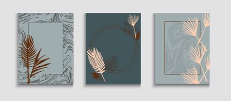 Abstract Retro Vector Banners Set. Oriental Style Invitation. Noble Monstera Leaves Magazine Template. Geometric Border Pattern. Hand Drawn Trendy Background. Tie-Dye, Tropical Leaves Flyers.のイラスト素材