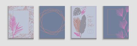 Abstract Trendy Vector Covers Set. Simple Banana Leaves Magazine Design. Hand Drawn Elegant Background. Geometric Frame Pattern. Tie-Dye, Tropical Leaves Banners. Oriental Style Invitation.のイラスト素材