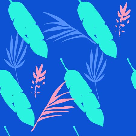 Funky Tropical Pattern. Elegant Male Shirt Female Dress Texture. Fine Summer Fabrics. Monstera Dandelion Feather Banana Leaves Tropical Pattern. Painted Floral Background.のイラスト素材