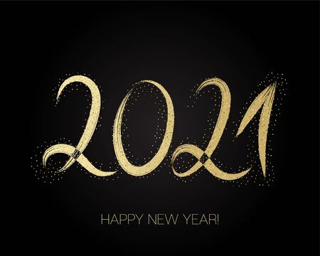2021 Gold Brushstroke Banner. Isolated Brush Shape 2021. Stylish Happy New Year Typography. Happy New Year Elegant Business Background. Winter Holiday Greeting Card. Painted 2021 Modern Minimal.のイラスト素材