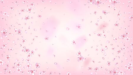 Nice Sakura Blossom Isolated Vector. Magic Blowing 3d Petals Wedding Border. Japanese Oriental Flowers Illustration. Valentine, Mother's Day Watercolor Nice Sakura Blossom Isolated on Roseのイラスト素材