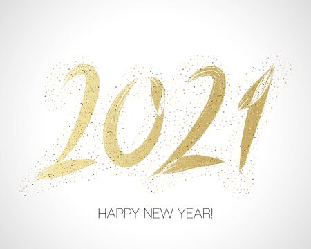 2021 Gold Brush Stroke Banner. Isolated Brush Shape 2021. Stylish Happy New Year Typography. Happy New Year Elegant Business Background. Winter Holiday Greeting Card.のイラスト素材