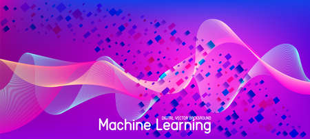 Flying Particles Distressed Purple Vector. Data Stream Minimal Banner. Funky Geometric Background. Big Data Neon Wallpaper. Pink Blue Purple Futuristic Gradient Overlay. 3D Flow Shapes Poster.のイラスト素材