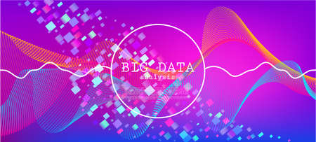 Flying Particles Distressed Purple Vector. Grunge Geometric Background. Big Data Neon Background. Pink Blue Purple Futuristic Gradient Overlay. Data Stream Minimal Banner. 3D Fluid Shapes Layout.のイラスト素材