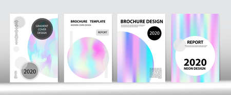 Holographic Gradient Vector Background. Rainbow Magazine Print Template. Hologram Minimal Light Covers Set. Liquid Holo Bright Trendy Layout. Fluorescent Gradient Overlay Holograph Defocused Cover. のイラスト素材