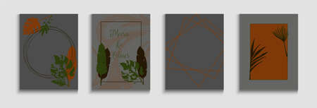 Abstract Hipster Vector Cards Set. Tie-Dye, Tropical Leaves Covers. Oriental Style Invitation. Hand Drawn Vintage Background. Minimal Olive Leaves Magazine Template. Geometric Border Texture.のイラスト素材