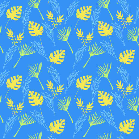 Funky Tropical Vector Seamless Pattern. Drawn Floral Background. Beautiful Male Shirt Female Dress Texture. Chic Summer Textile. Dandelion Banana Leaves Monstera Feather Tropical Seamless Pattern.のイラスト素材