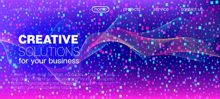 Flying Particles Distressed Purple Vector. Data Analytics Cool Banner. Pink Blue Purple Futuristic Gradient Overlay. Funky Geometric Background. Big Data Neon Wallpaper. 3D Flow Shapes Poster.のイラスト素材