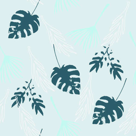 Hipster Tropical Vector Seamless Pattern. Elegant Male Shirt Female Dress Texture. Nice Summer Fabrics. Monstera Feather Dandelion Banana Leaves Tropical Seamless Pattern. Painted Floral Background.のイラスト素材