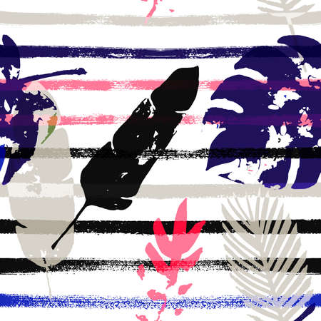 Palm, Banana Leaves Vector Seamless Pattern, Green, Pink, Gray, Brown Floral Design.のイラスト素材