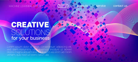 Falling Particles Distressed Purple Vector. Data Stream Minimal Banner. Big Data Neon Wallpaper. 3D Fluid Shapes Layout. Pink Blue Purple Futuristic Gradient Overlay. Abstract Geometric Background.のイラスト素材