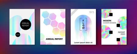 Holographic Gradient Vector Background. Rainbow Magazine Print Template. Pearlescent Gradient Overlay Holograph Unfocused Cover.  Liquid Holo Bright Trendy Layout. Hologram Business Soft Covers Set.のイラスト素材