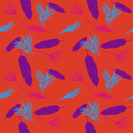 Funky Tropical Vector Seamless Pattern. Banana Leaves Feather Monstera Dandelion Tropical Seamless Pattern. Beautiful Male Shirt Female Dress Texture. Painted Floral Background. Cool Summer Fabrics.のイラスト素材