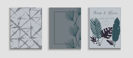Abstract Elegant Vector Cards Set. Tie-Dye, Tropical Leaves Covers. Simple Olive Leaves Invitation Design. Geometric Border Pattern. Hand Drawn Vintage Background. Japanese Style Invitation.のイラスト素材