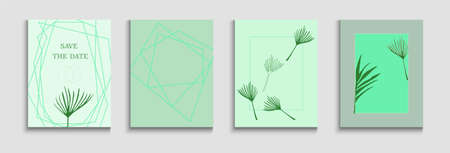 Abstract Asian Vector Cards Set. Soft, Elegant Magazine Layout. Painted Forms Shapes in Oriental Style. Tie-Dye, Tropical Leaves Flyers Hand Drawn Minimal Background. Geometric Border Pattern.のイラスト素材