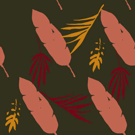 Hipster Tropical Vector Seamless Pattern. Elegant Male Shirt Female Dress Texture. Monstera Feather Banana Leaves Dandelion Tropical Seamless Pattern. Cool Summer Textile. Doodle Floral Background.のイラスト素材