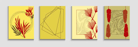 Abstract Asian Vector Banners Set. Oriental Style Invitation. Geometric Frame Texture. Hand Drawn Trendy Background. Soft Banana Leaves Magazine Layout. Tie-Dye, Tropical Leaves Flyers.のイラスト素材