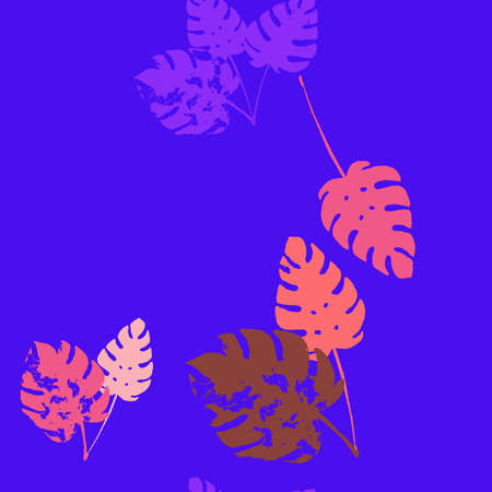 Palm, Banana Leaves Vector Seamless Pattern, Blue Pink Purple Indigo Floral Textile. Watercolor Jungle Leaves Winter Fabric. Male Elegant Background. Tropical Fabric Seamless Printのイラスト素材