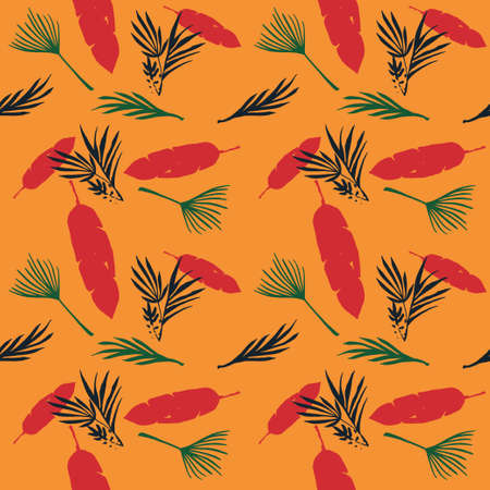 Trendy Tropical Vector Seamless Pattern. Elegant Male Shirt Female Dress Texture. Chic Summer Textile. Drawn Floral Background. Feather Banana Leaves Monstera Dandelion Tropical Seamless Pattern.のイラスト素材