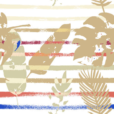 Sailor Stripes Vector Seamless Pattern, Blue, White, Yellow Exotic Floral Print. Watercolor Jungle Leaves Winter Fabric. Childrens Retro Background. Tropic Exotic Seamless Textileのイラスト素材