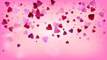 Flying Hearts Vector Confetti. Valentines Day Tender Pattern. Beautiful Pink Frame Valentines Day Decoration with Falling Down Hearts Confetti. Modern Gift, Birthday Card, Poster Backgroundのイラスト素材