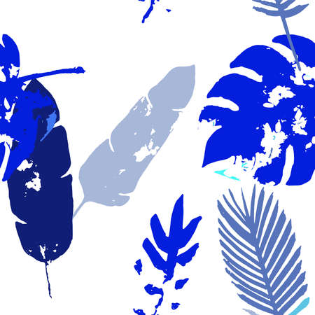 Palm, Banana Leaves Vector Seamless Pattern, Blue Pink Purple Indigo Floral Textile. Watercolor Jungle Leaves Autumn Fabric. Childrens Eclectic Background. Exotic Tropical Seamless Fabricのイラスト素材