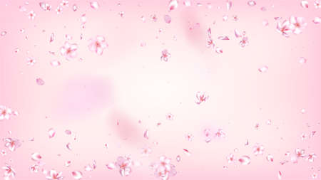 Nice Sakura Blossom Isolated Vector. Magic Showering 3d Petals Wedding Border. Japanese Bokeh Flowers Illustration. Valentine, Mother's Day Realistic Nice Sakura Blossom Isolated on Roseのイラスト素材